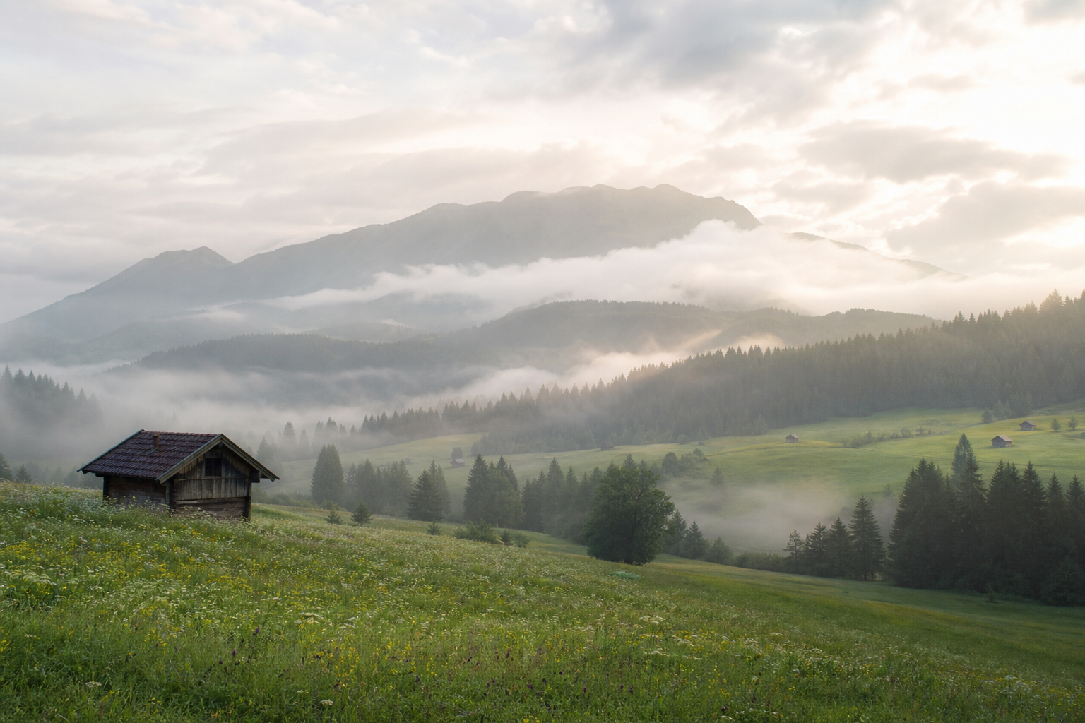 Morgennebel über einer deutschen Bergwiese mit Fernblick auf bewaldete Hügel