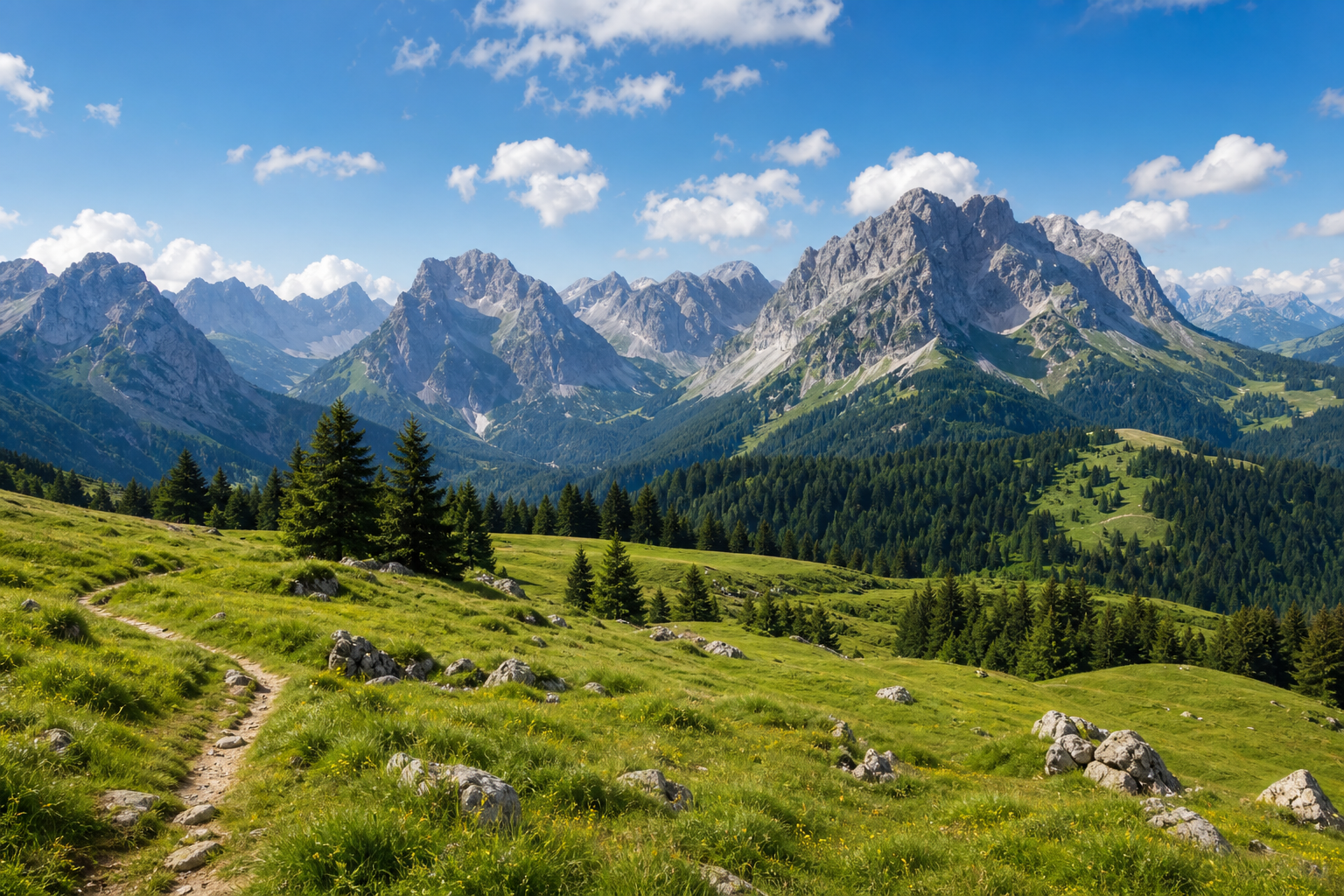 Bayerische Alpen mit Almwiesen und Gipfelkette