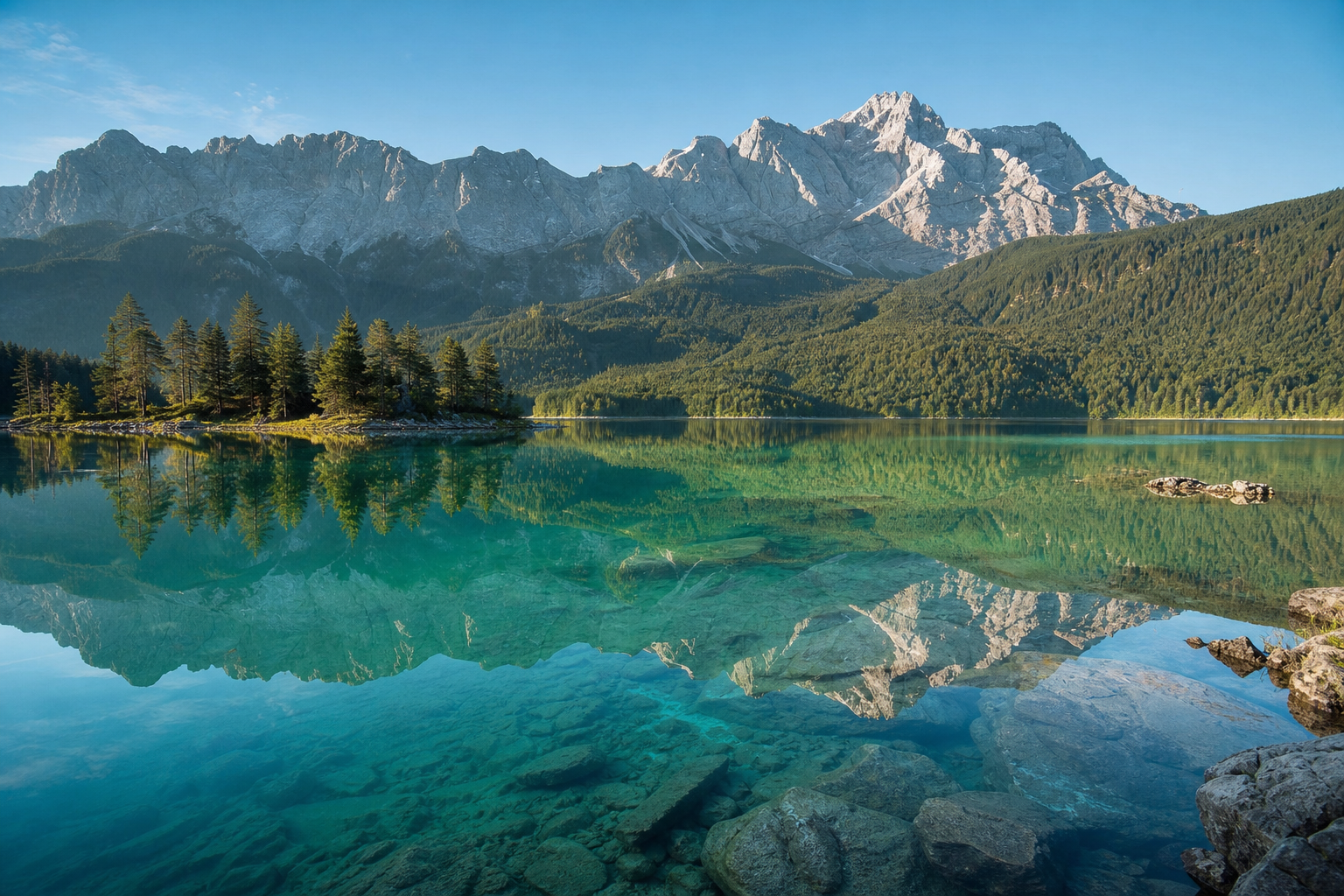 Eibsee mit klarem Wasser vor der Zugspitze