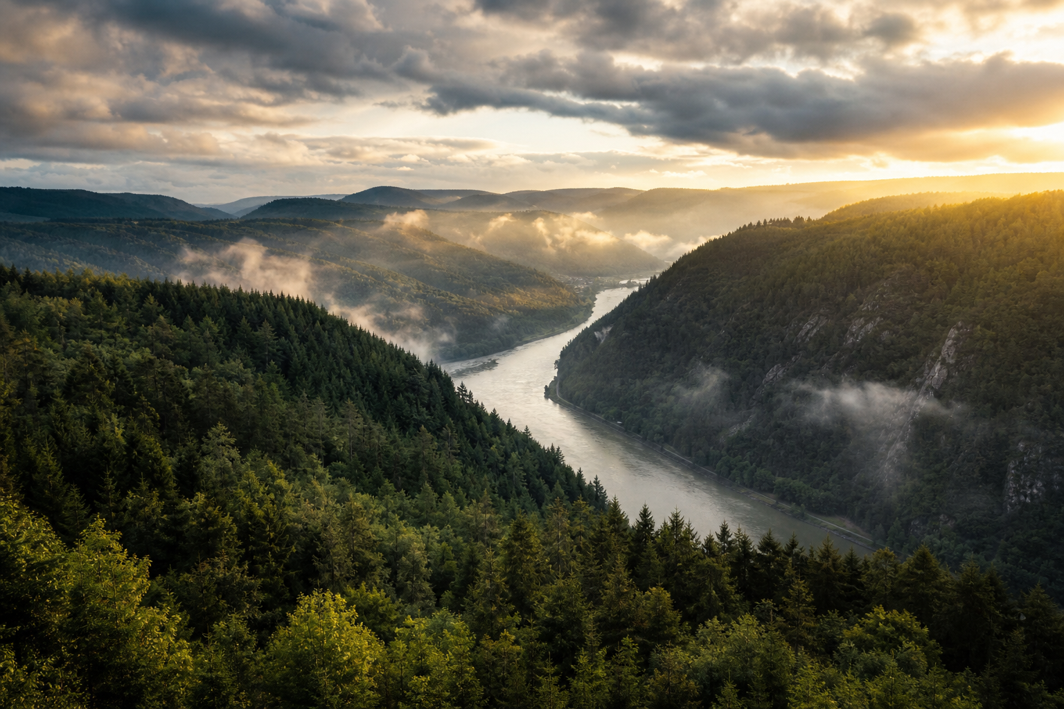 Panorama einer deutschen Flusstal-Landschaft mit Wäldern und sanften Hügeln im Morgenlicht