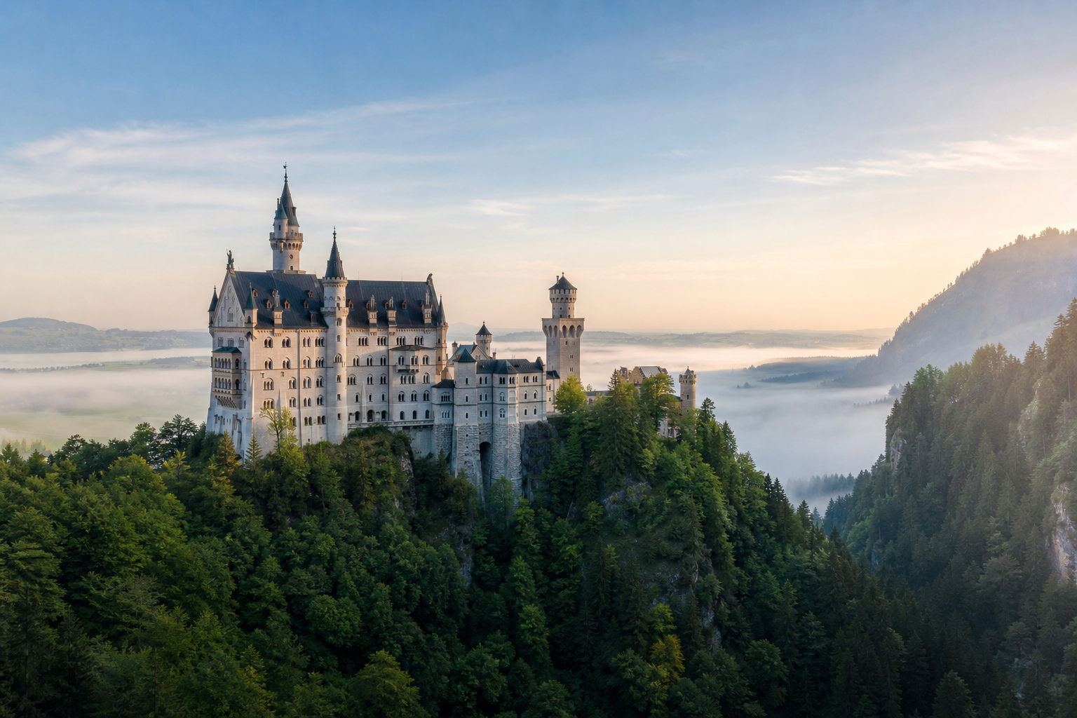 Schloss Neuschwanstein umgeben von dichten Wäldern und alpinen Hügeln